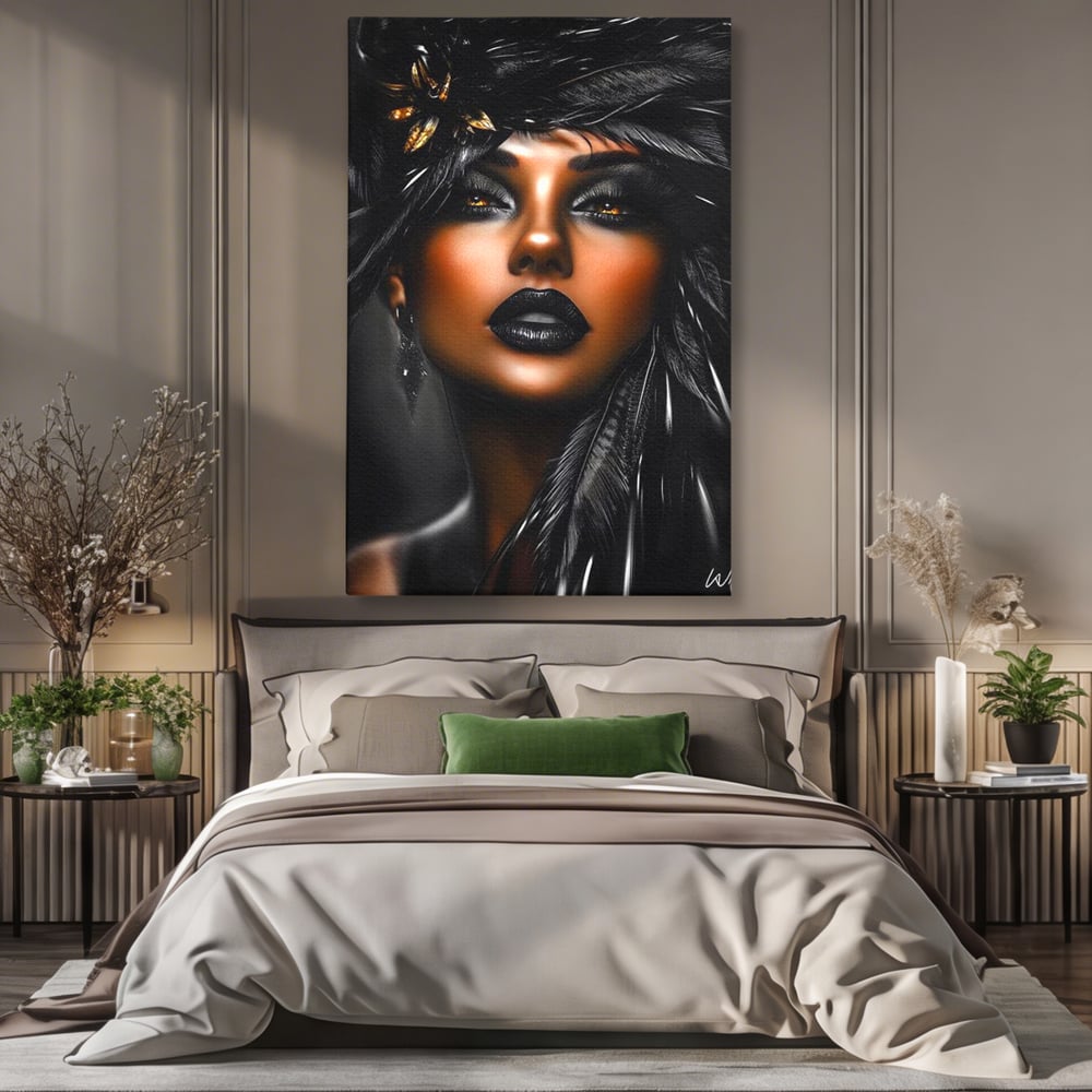 Tablou canvas cu tablou canvas cu portret artistic de femeie, fara rama, pe sasiu de lemn, pe perete intr-un dormitor